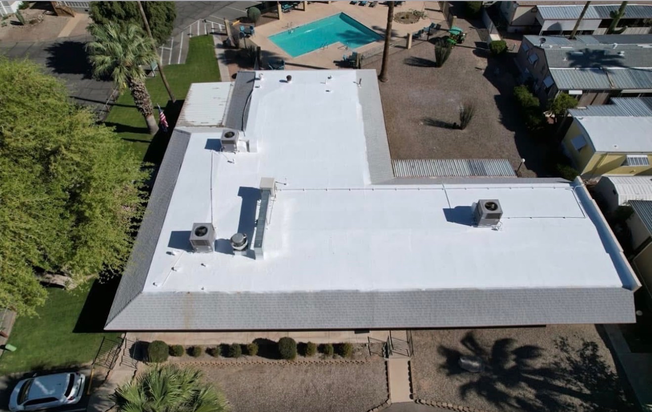 Drone after photo of completed W&D Roofing roof coating project