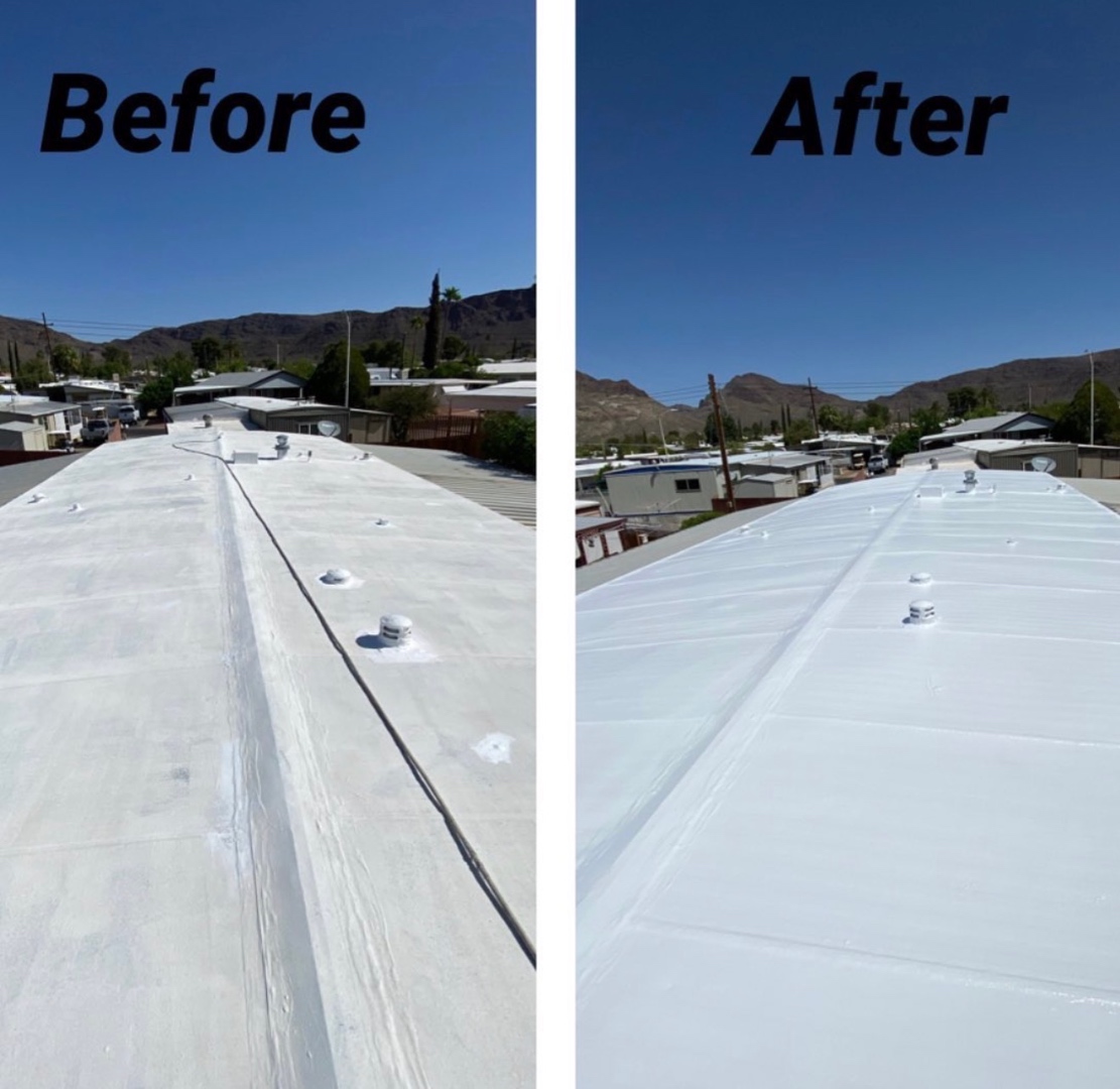 Before and after roof coating restoration photo from a W&D Roofing project
