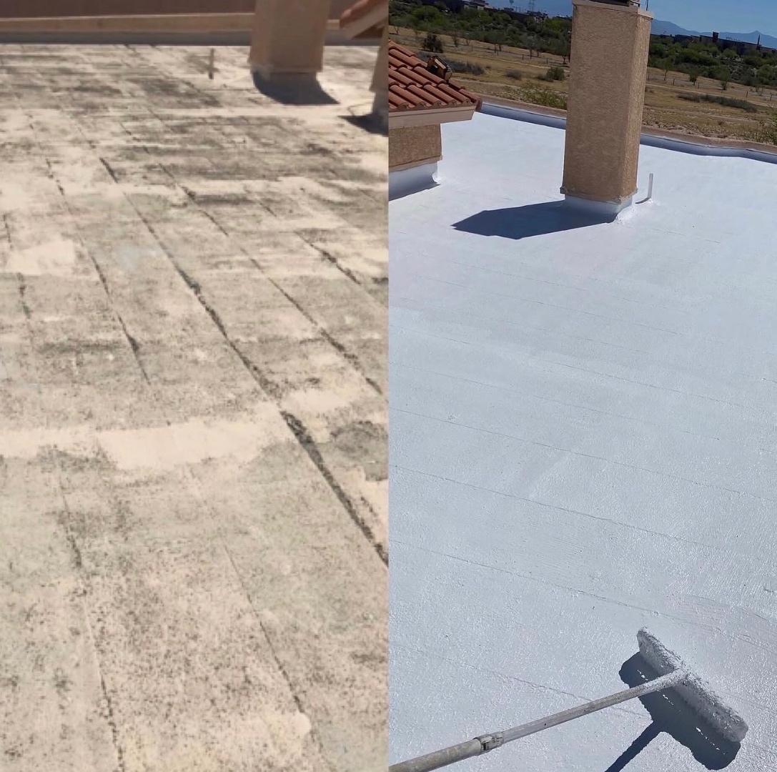 Before and after W&D coated roof restoration photo