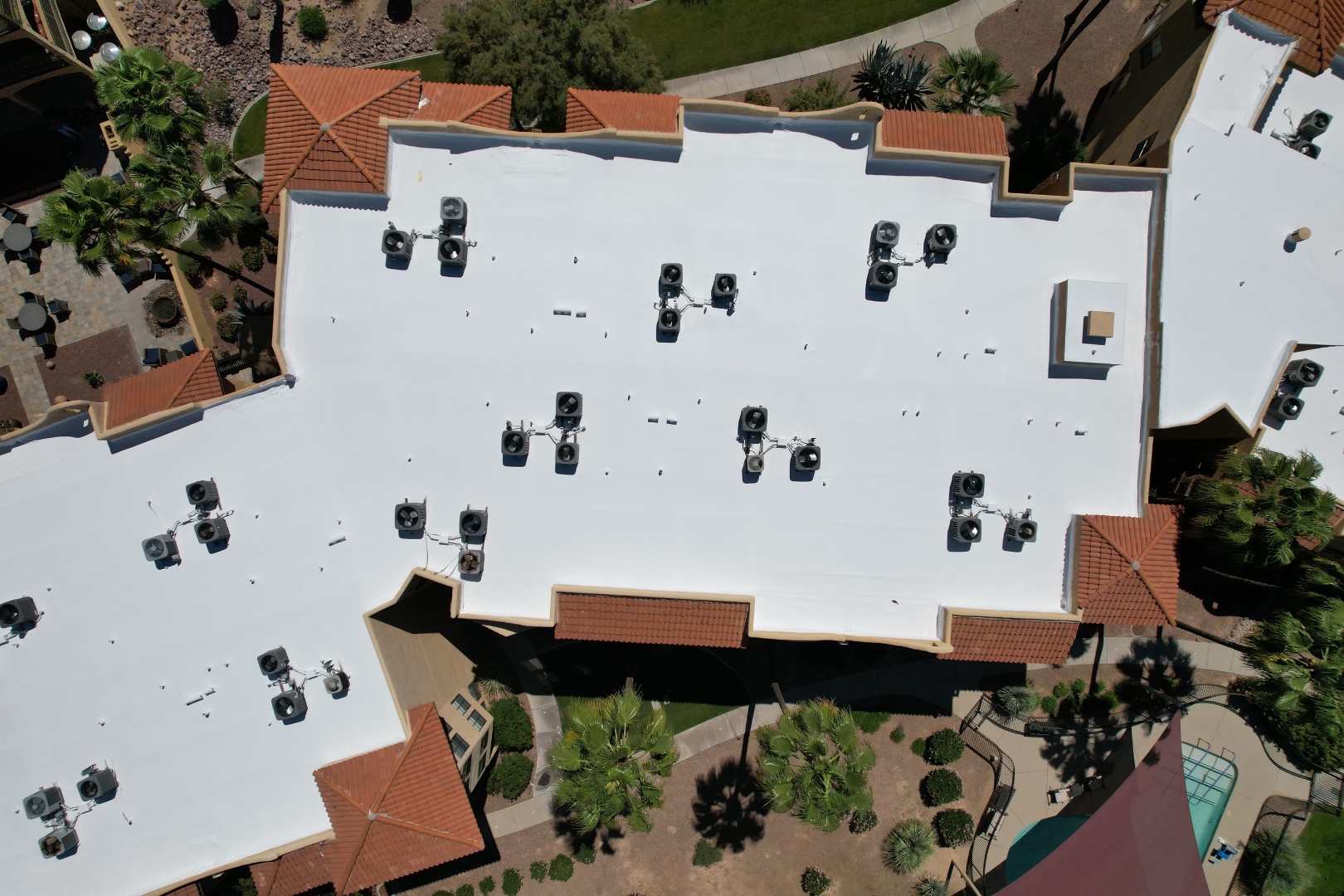 Completed Tucson commercial roofing project by W&D Roofing viewed from above