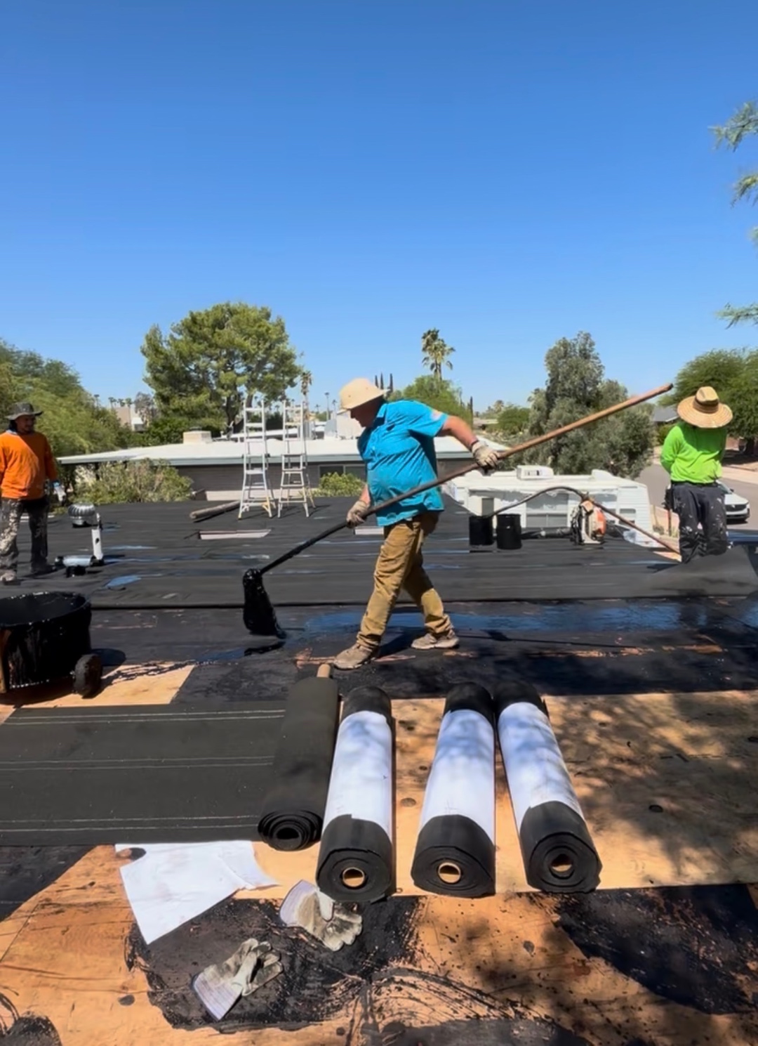 W&D Roofing built-up roofing installation progress on an Arizona flat roof