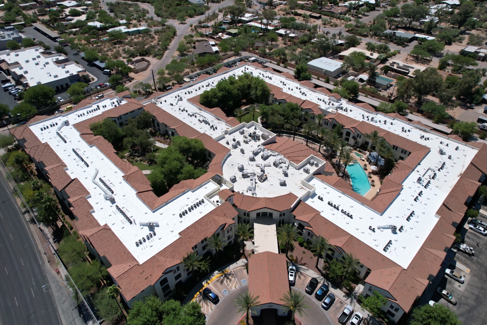 Large completed W&D reflective cool roof coating system on a commercial Arizona property