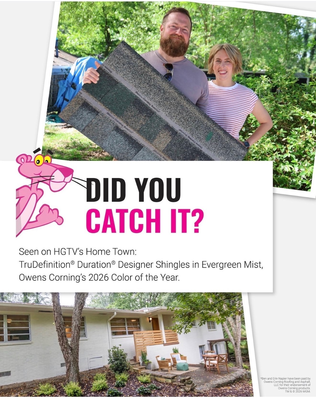 Owens Corning TruDefinition Duration Designer Shingles in Evergreen Mist color of the year informational graphic