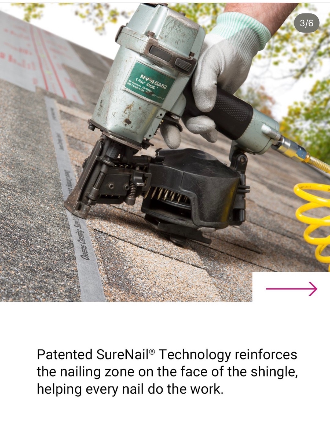 Roofing nail gun installing shingles over the Owens Corning SureNail nailing zone