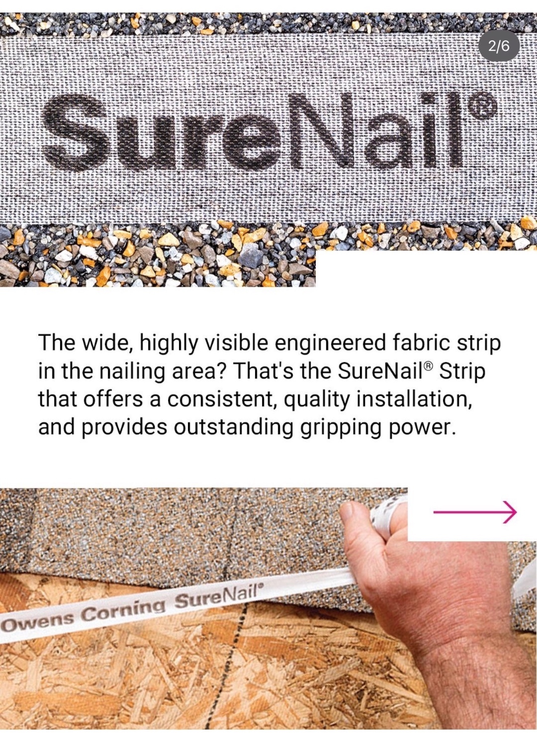 Owens Corning SureNail strip information showing engineered fabric strip in the nailing area