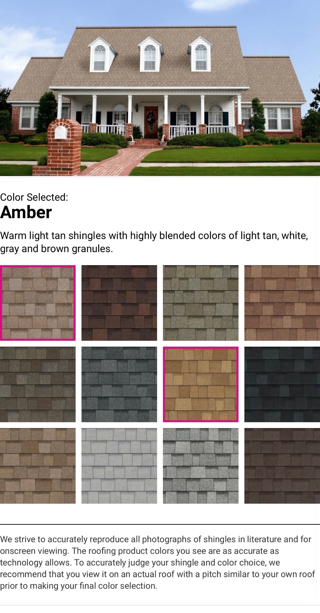 Amber shingle color selection chart showing blended light tan white gray and brown granules