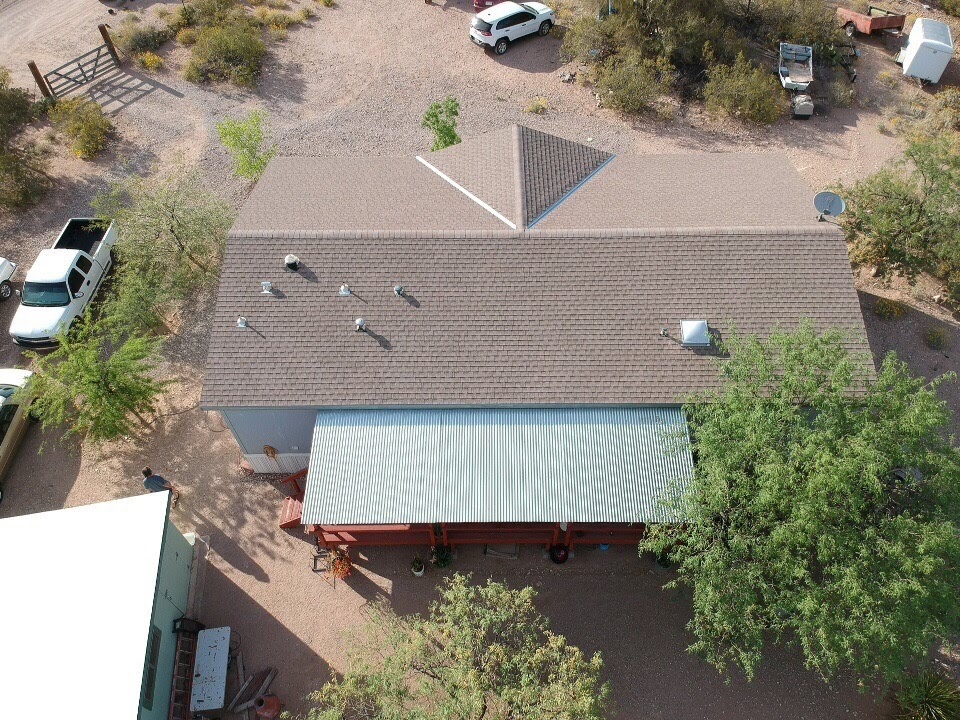 Back side view of a W&D Roofing architectural shingle roof replacement project