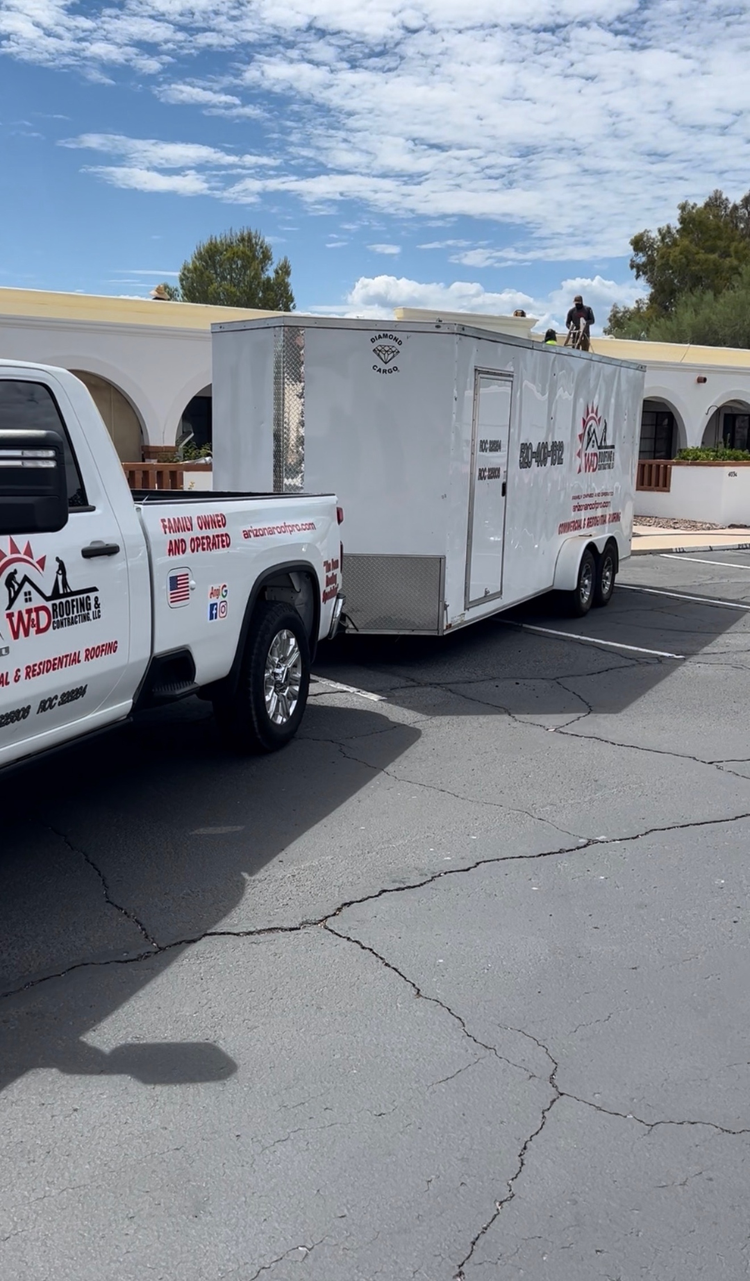 W&D Roofing commercial spray foam equipment vehicle and trailer for Arizona spray foam roofing work