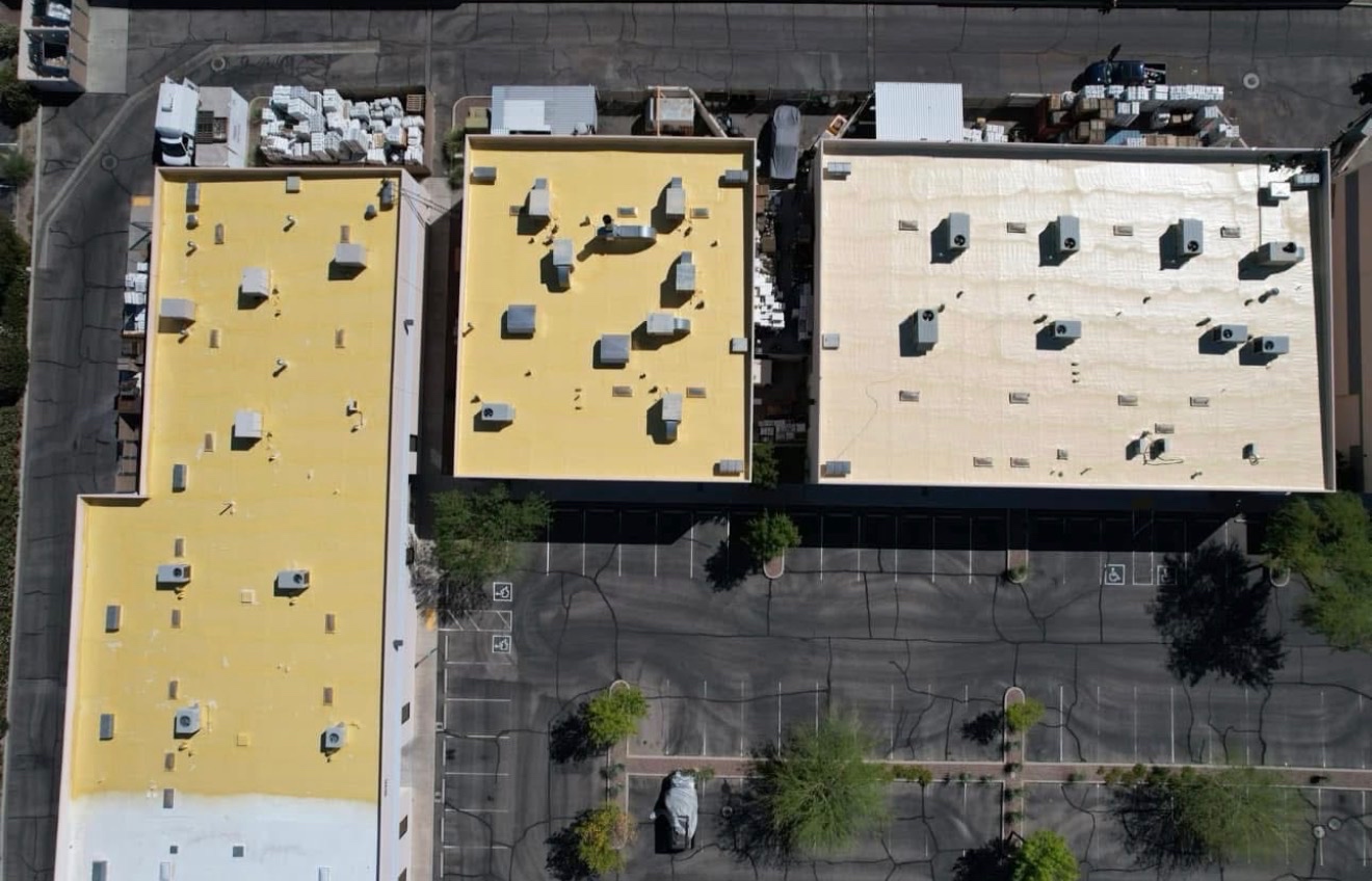 Drone comparison of Arizona flat roof areas before and after foam roofing or reflective coating work