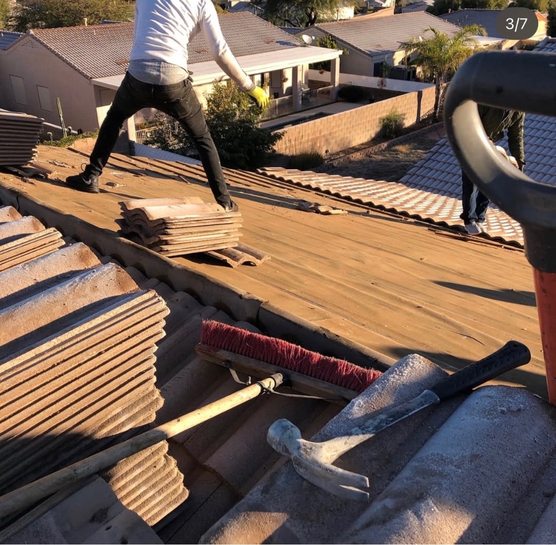 W&D Roofing tile roof tear-off progress and roof deck preparation