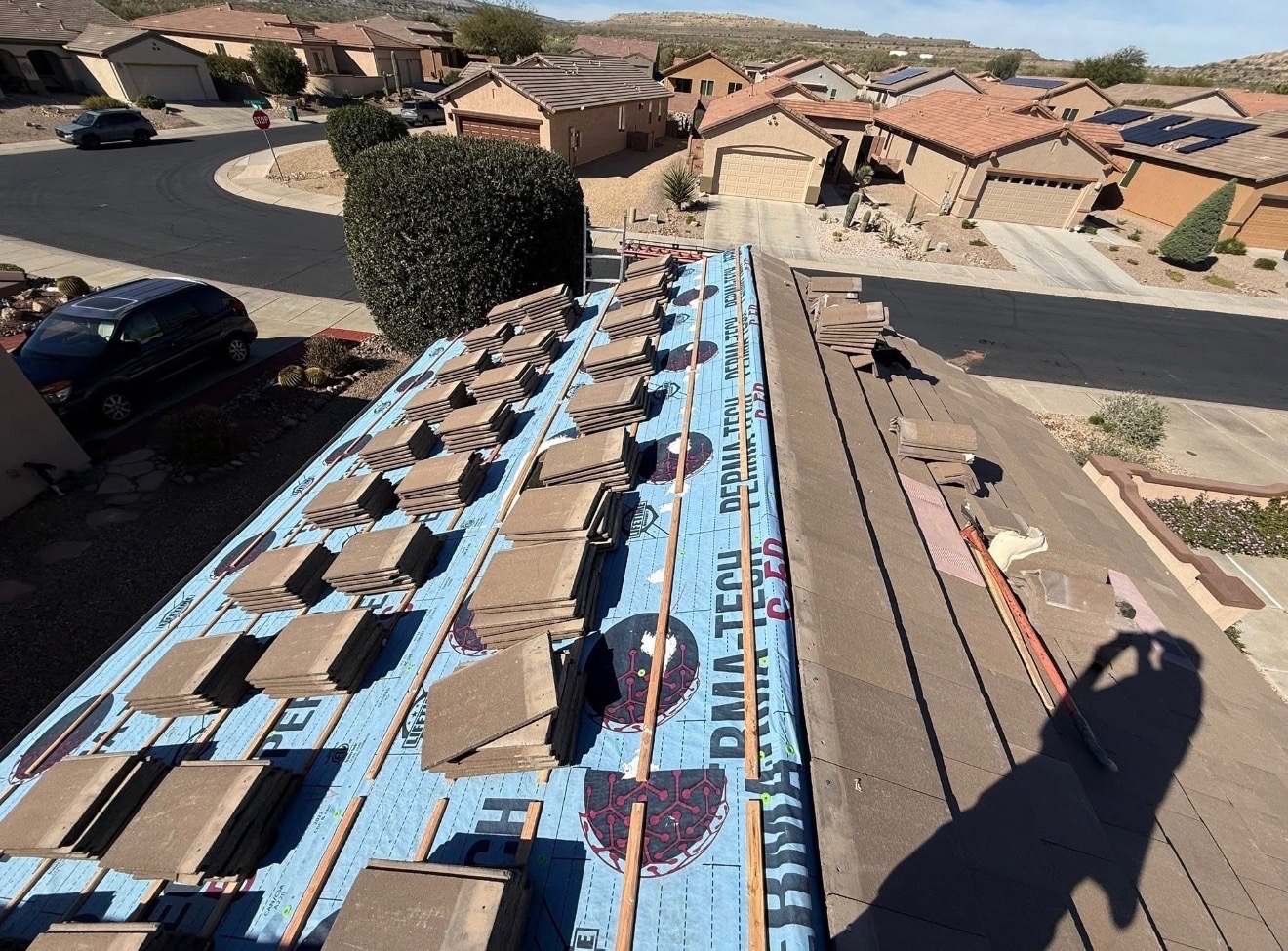 Upgraded synthetic underlayment installed by W&D Roofing during a tile roof replacement